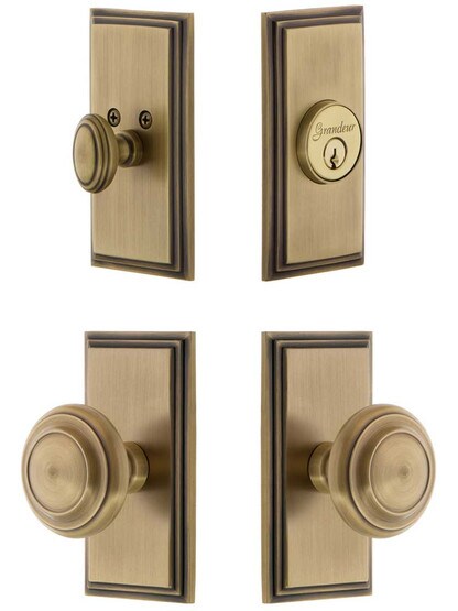 Grandeur Carre Entry Door Set, Keyed Alike with Circulaire Knobs in Antique Brass.
